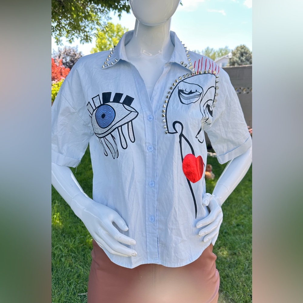 Light Blue Casual Button Down Shirt with Unique Artistic Design